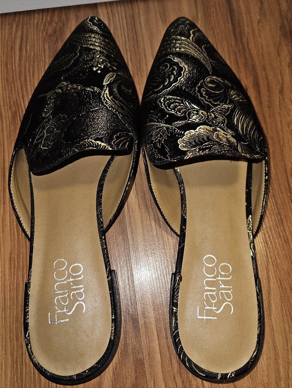 Franco Sarto Black and Gold Brocade Pointed Toe Slip-On Mules - Picture 2 of 4